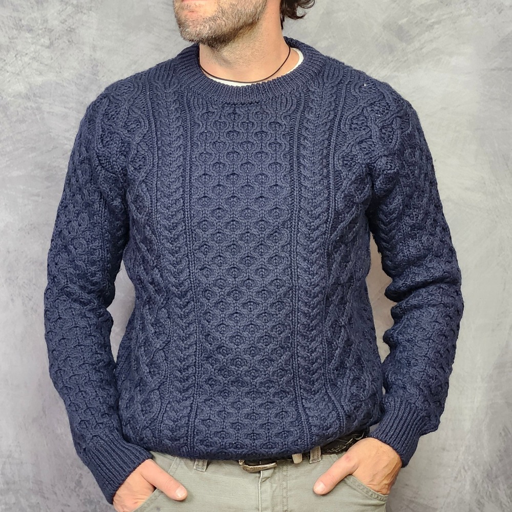 Aran Sweater Market Cable Knit 100% Virgin Wool Mens S Womens M Blue Ireland